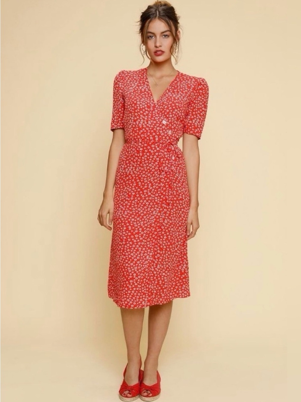Rouje Gabin Red Floral V-Neck Midi Dress by